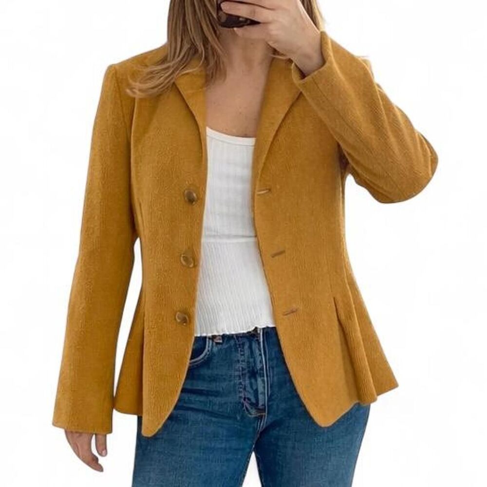 Lafayette 148 New York Mustard Virgin Wool Peplum Blazer Jacket Tailored Size 6